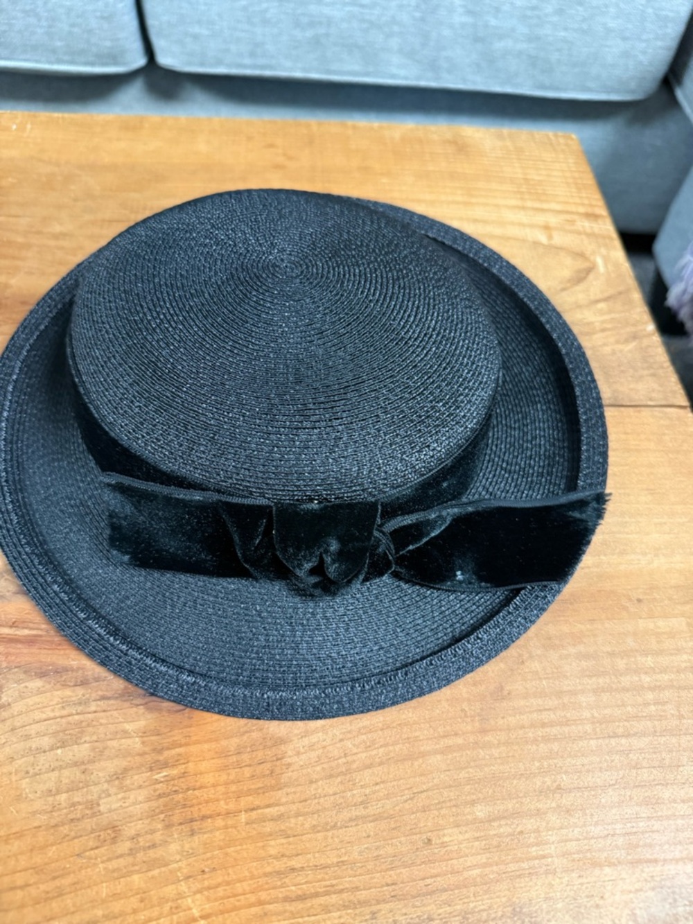Black Boater or Church hat with  Velvet Bow
